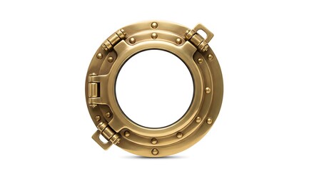 Obraz premium A brass porthole, with a clear circular window, sits centered on a clean white background