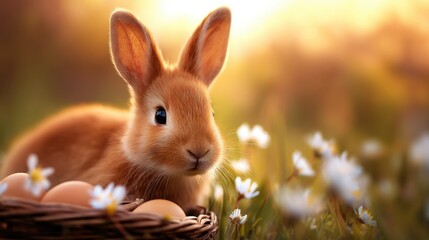 Fototapeta premium A fluffy rabbit sits beside eggs in a basket, surrounded by blooming flowers and warm sunlight