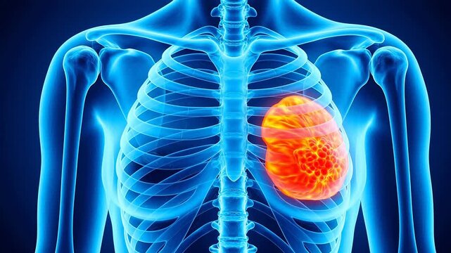 Medical visualization of female breast anatomy, showing mammary gland tissue, tumor lesion, invasive breast cancer and axillary lymph node metastasis in detailed 3D medical illustration