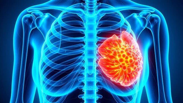 Medical visualization of female breast anatomy, showing mammary gland tissue, tumor lesion, invasive breast cancer and axillary lymph node metastasis in detailed 3D medical illustration