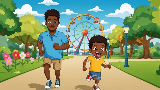 Animated african american father and son running in a park with ferris wheel cartoon style family fun