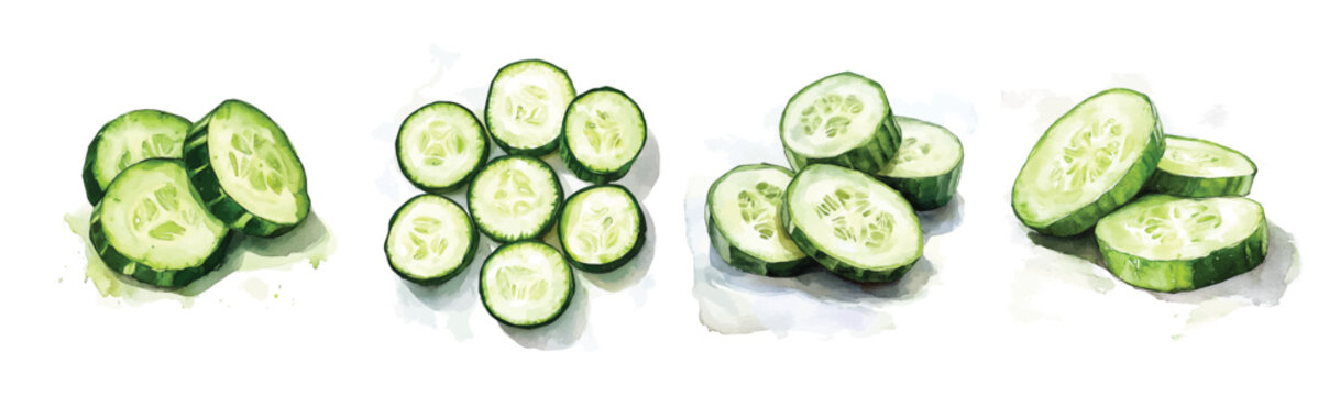 Simple design, Beautiful sliced cucumber set painting design. Hand-painted style, vectorized, vector set available in EPS Simple Hand-painted watercolor style. Adobe Illustrator Artwork