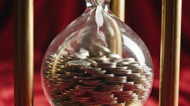Golden hourglass visualizes time, as each gold coin represents true value of money and urgent importance of saving for future wealth