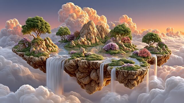 Surreal floating islands landscape dreamy waterfalls high resolution picture