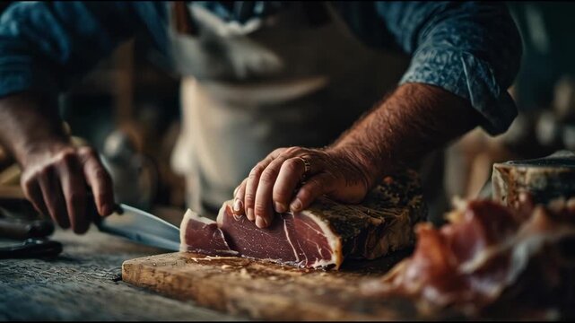 Person slicing prosciutto on wooden board in rustic kitchen setting