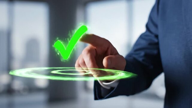 Businessman with green checkmark and red X symbols in office
