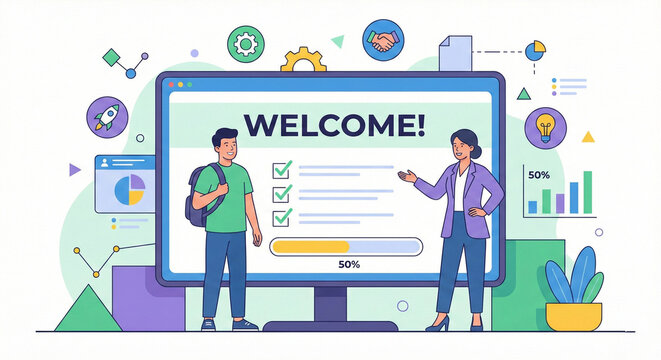 Large monitor displaying a welcome onboarding screen with a checklist and a new employee being greeted by a manager.