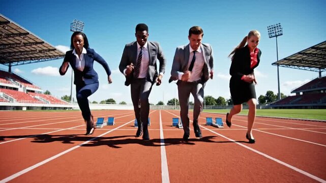 Business people in starting blocks on stadium running track