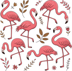 Obraz premium Pink flamingo illustration set, cute tropical bird poses, botanical leaves flowers, whimsical hand drawn wildlife clipart collection for summer design