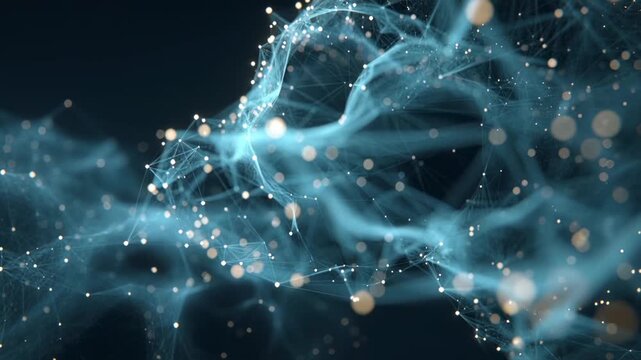Abstract background with a digital cloud of a plexus network and glowing nodes. Big data, Cloud computing, Technology concept