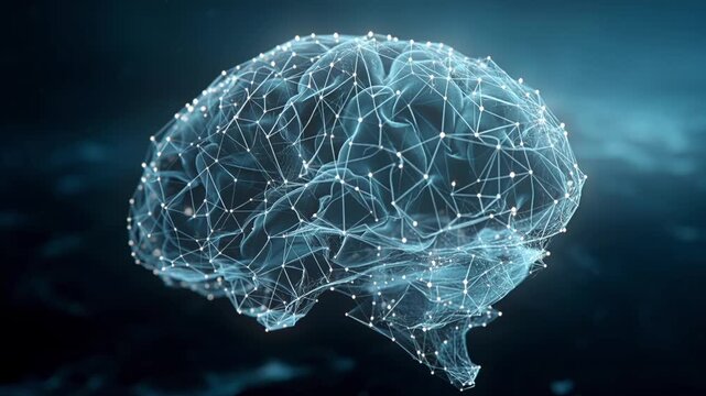 Digital plexus network forming the shape of a human brain on a dark background. Artificial intelligence, Neuroscience, Future technology