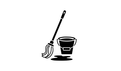 Black mop and bucket cleaning icon silhouette water puddle vector © MdAshik