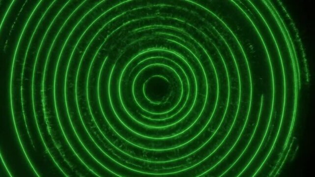 Abstract green neon concentric circles expanding in space, futuristic digital technology background