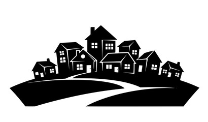 Village silhouette icon set small neighborhood hill houses vector