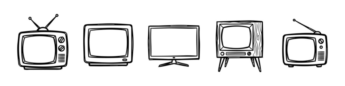 black and white illustration of various old television sets