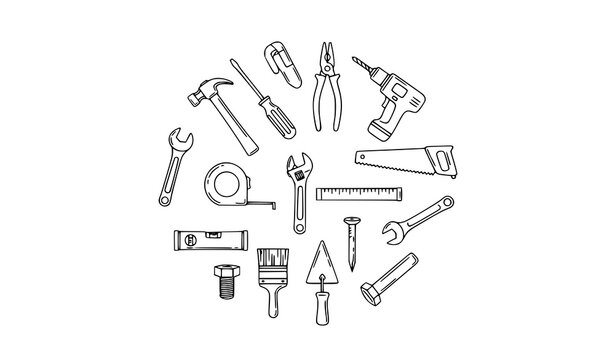 Hand-drawn construction tool doodle icon collection vector set