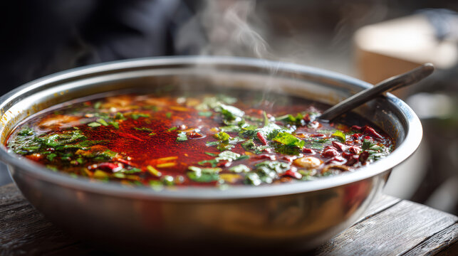 close-up of a spicy malatang bowl with fresh ingredients