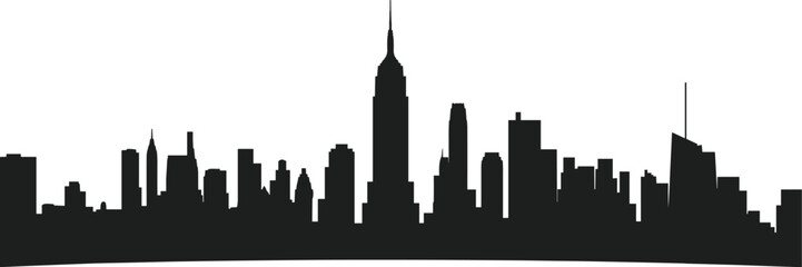 Obraz premium Black city skyline silhouette featuring iconic skyscraper architecture and urban panorama, modern metropolitan cityscape illustration ideal for travel, urban design themes