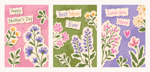 Mother's Day greeting card set in paper collage style, hand-drawn wildflowers, leaves and branches, perfect for cards, invitations, prints, stickers and packaging © Irina Khovanskaya