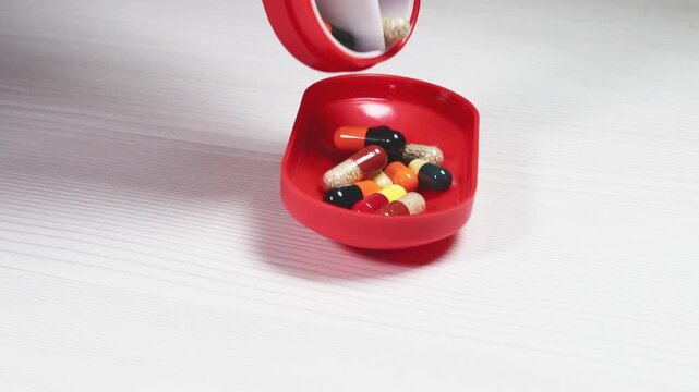 Sorting of medicinal capsules into a pillbox. 4K video