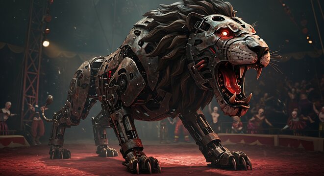 Mechanical lion creature in circus ring digital art concept