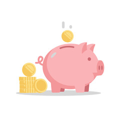 Pink Piggy Bank Savings with Falling Coins and Stacked Gold Coins