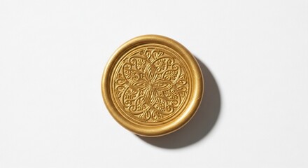 Golden coin with intricate design details.
