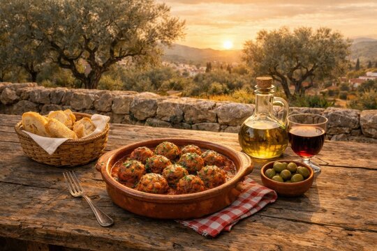 Alb&oacute;ndigas auf rustikalem Holztisch im Freien bei warmem Abendlicht
Spanische Fleischb&auml;llchen in Tomatensauce auf rustikalem Tisch mit Brot, Oliven&ouml;l und Wein.