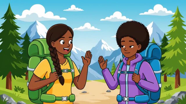 Animated backpackers hiking together in the mountains cartoon style adventure outdoors friendship animated african american women