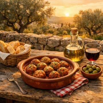 Alb&oacute;ndigas auf rustikalem Holztisch im Freien bei warmem Abendlicht
xxSpanische Fleischb&auml;llchen in Tomatensauce auf rustikalem Tisch mit Brot, Oliven&ouml;l und Wein.
