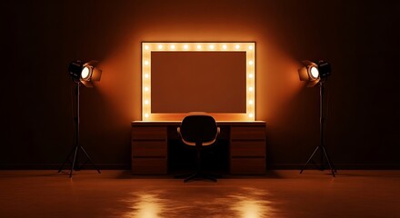A dressing room featuring a lit vanity mirror with spotlights, a desk, and a chair in warm light