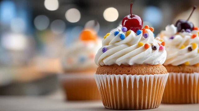 Delicious Cupcakes with Cherry: A close-up shot of three cupcakes with rich frosting and a cherry on top, presented on a light background, exuding sweetness and irresistible charm. 