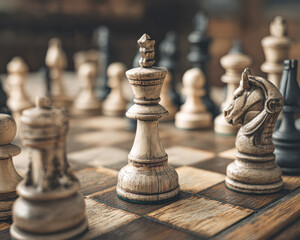 Fototapeta premium A close-up of a wooden chessboard featuring intricately carved chess pieces in mid-game, highlighting the king piece and knight with a blurred background.