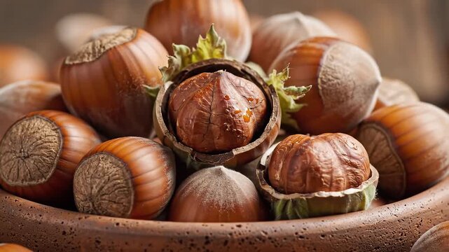 Closeup shot of fresh hazelnuts in a rustic bowl showcasing their natural texture and earthy tones.