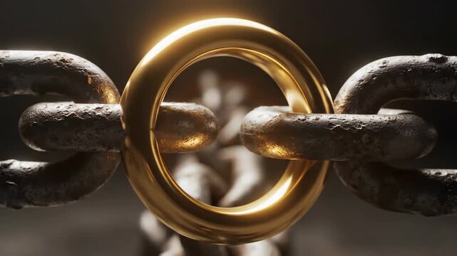 Powerful gold ring interlocked in rustic metal chain, strong link and symbolic connection representing teamwork, security, unity and strength