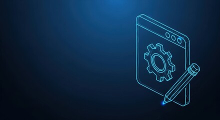 Fototapeta premium Abstract illustration of a computer screen with gears and coding elements