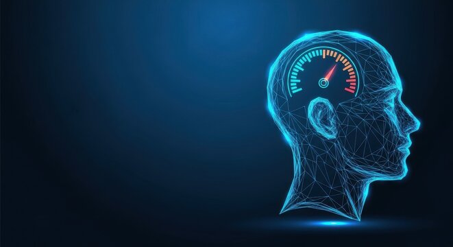 Abstract human head silhouette with integrated speedometer showcasing cognitive speed and mental performance on a dark technological background