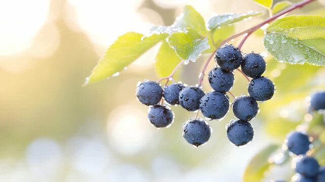 Nature's Jewels: A close-up shot of a cluster of ripe, deep blue berries glistening with dewdrops, highlighting the exquisite details of the natural world.