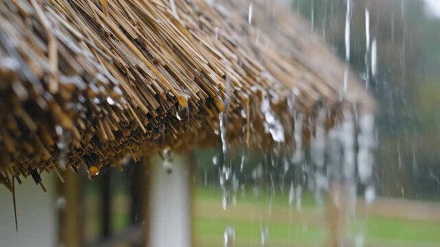 Raindrops falling from a thatched roof in a downpour.