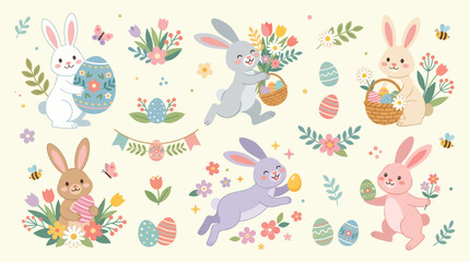 Naklejka premium Easter Bunny Collection - Adorable Rabbits with Eggs and Flowers.