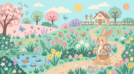 Fototapeta premium Easter Bunny with Basket in Spring Landscape Illustration.