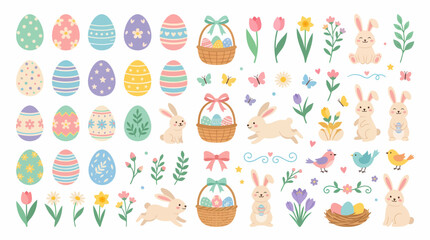 Fototapeta premium Easter Eggs, Bunnies, and Floral Elements Collection.