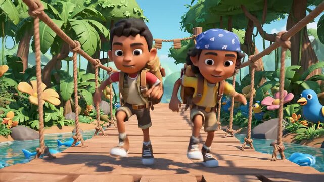 Animated boys crossing jungle bridge on adventure cartoon backpacking exploring river tropical environment forest trees birds and colorful flowers