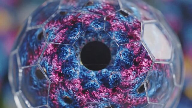 Closeup of a kaleidoscopic sphere with vibrant blue and pink patterns.