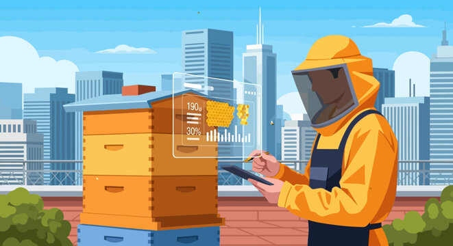 Beekeeper Inspecting Beehives on Rooftop.
