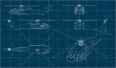Medium-lift utility military helicopter. Helicopter us army. Multi-purpose helicopter. Blueprint © Olena