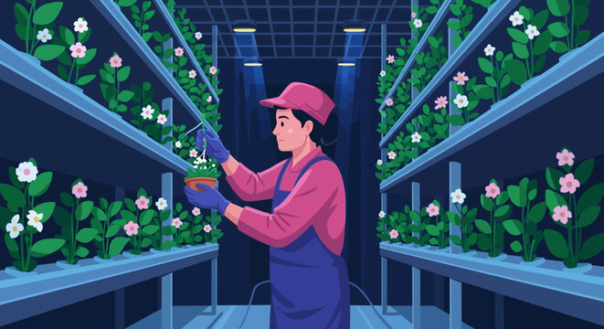 Farmer Tending to Flowers in Greenhouse.