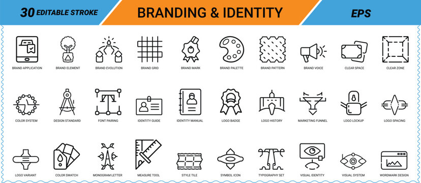 Branding & identity editable line art icon pack. Icon bundle, icon set, web icon, app icon, logo, lightbulb, rocket, chart, megaphone, typography, badge, award, and more. Vector graphics.