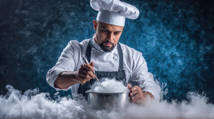 Fototapeta premium professional chef using liquid nitrogen for culinary techniques