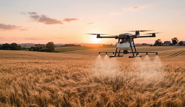 Cinematic photorealistic photo of a high-tech agricultural hexacopter drone hovering over a golden rice paddy field at sunset, smart farming technology, future of agriculture
